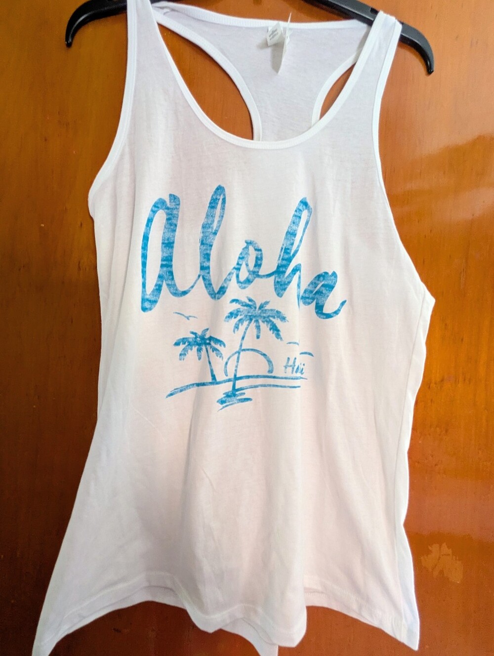NWT Next Level White Tank Top with Blue "Aloha" Graphic Sz. XL